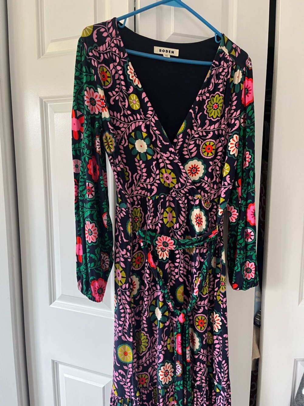 Boden Long-Sleeve Floral Wrap Maxi Dress - Black, Pink & Green